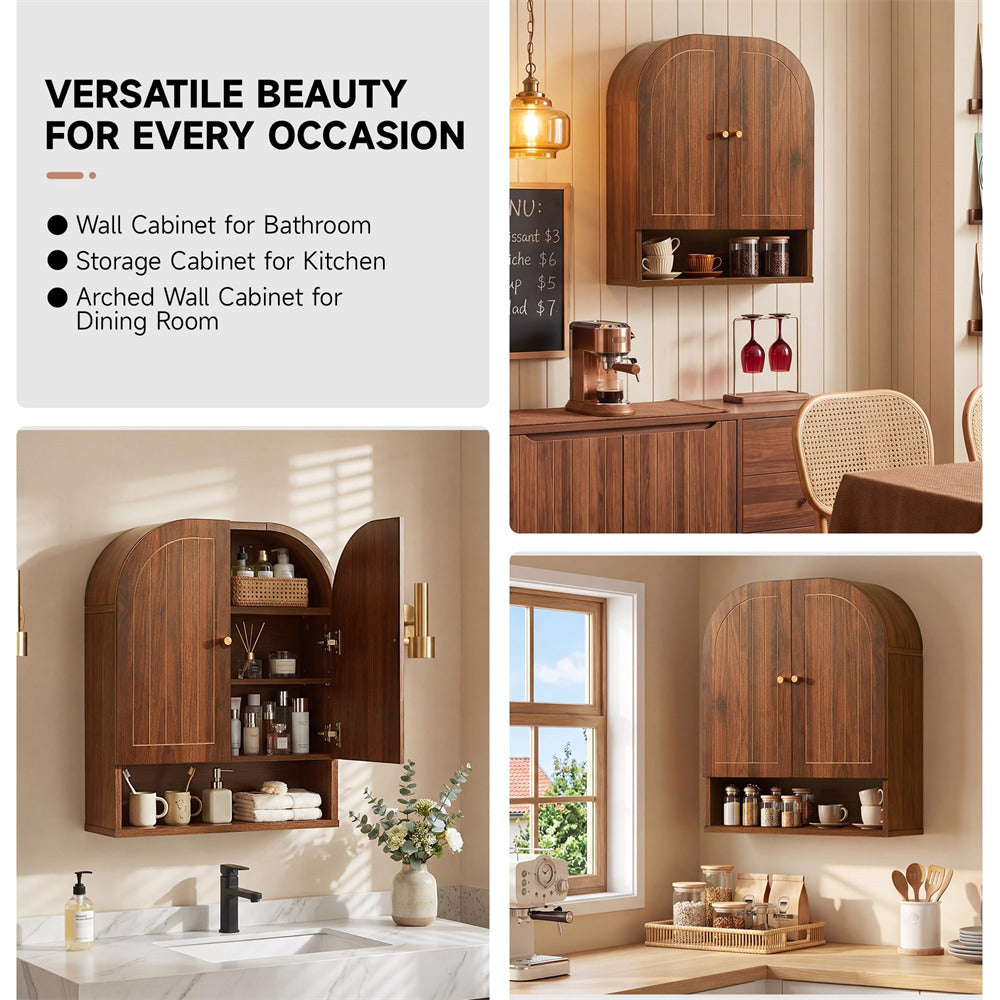 Wooden wall cabinets in various settings with text highlighting their versatility.