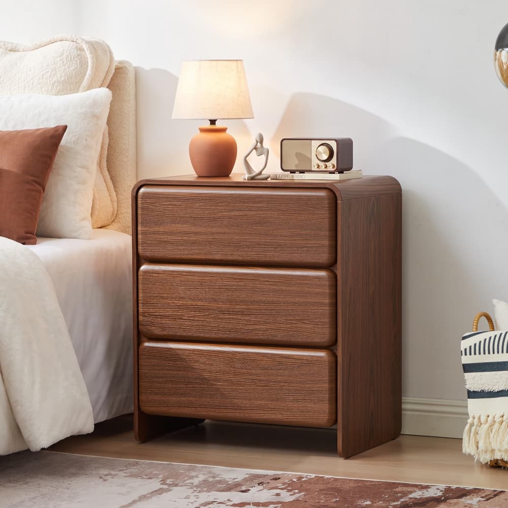 Walnut 23.62'' Modern Nightstand Bedside Table with 3 Large Drawers and Hidden Handles