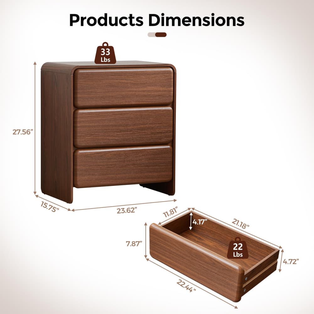 Product dimensions diagram for a brown wood-grain three-drawer nightstand, showing front, top, and side measurements with weight indicators on a white background.