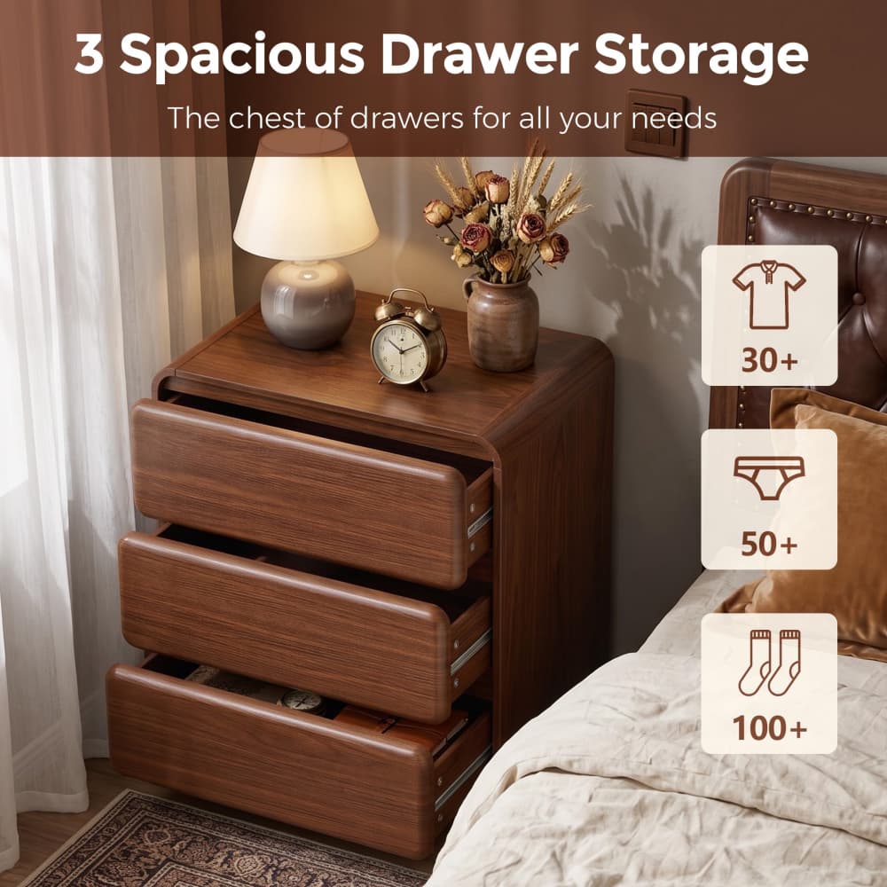 Walnut 23.62'' Modern Nightstand Bedside Table with 3 Large Drawers and Hidden Handles