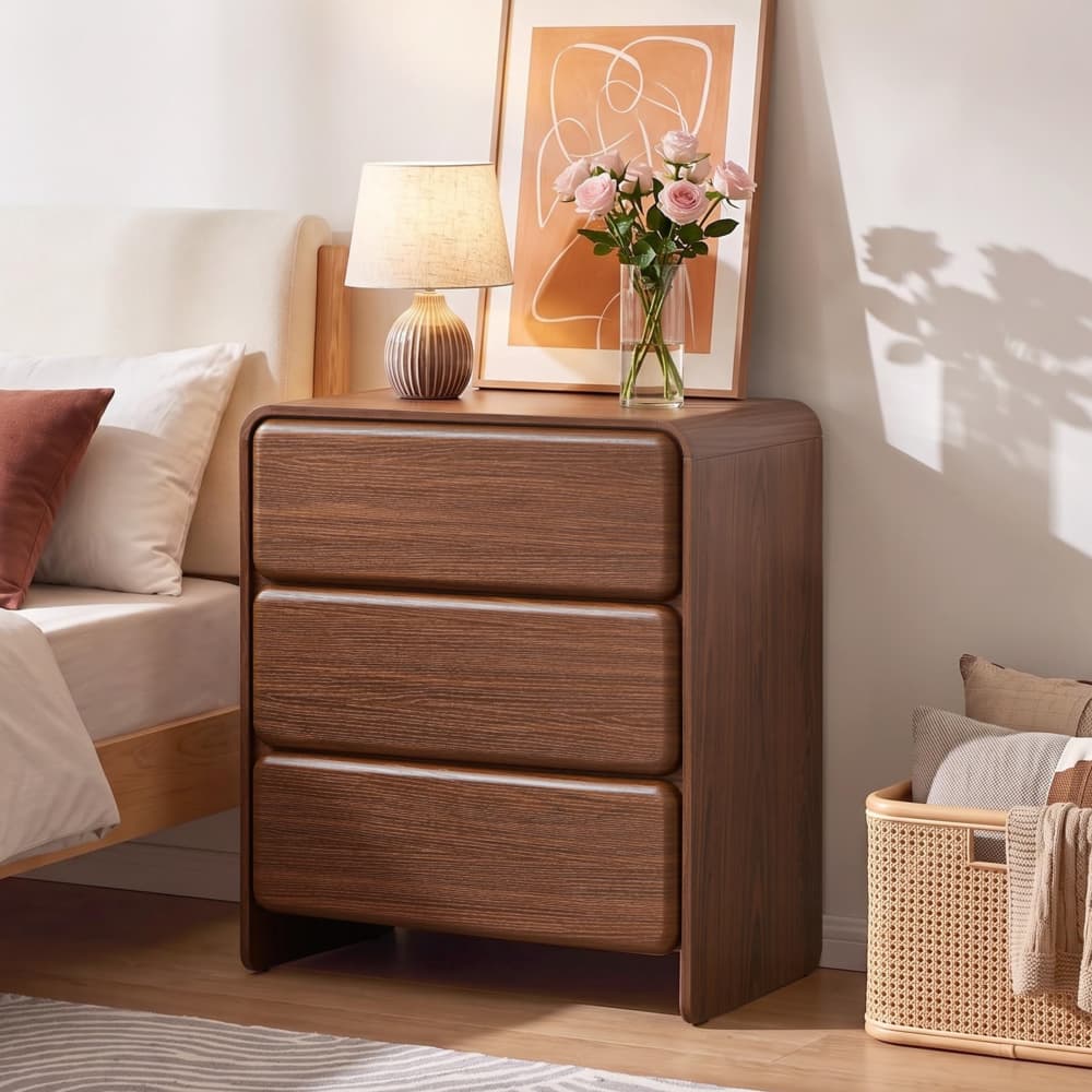 Walnut 23.62'' Modern Nightstand Bedside Table with 3 Large Drawers and Hidden Handles