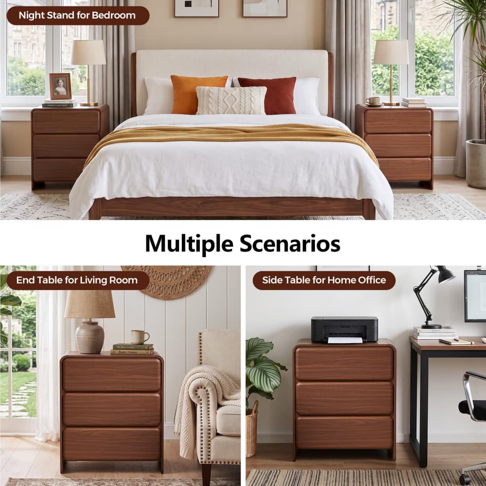 Walnut 23.62'' Modern Nightstand Bedside Table with 3 Large Drawers and Hidden Handles