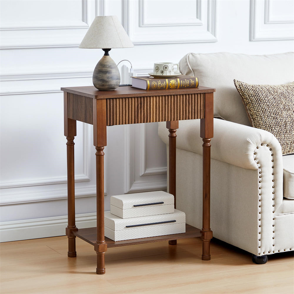 Walnut 23.6” Modern Farmhouse Wooden End Table with Charging Station and Fluted Drawer