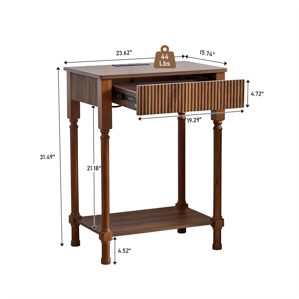 Walnut 23.6” Modern Farmhouse Wooden End Table with Charging Station and Fluted Drawer