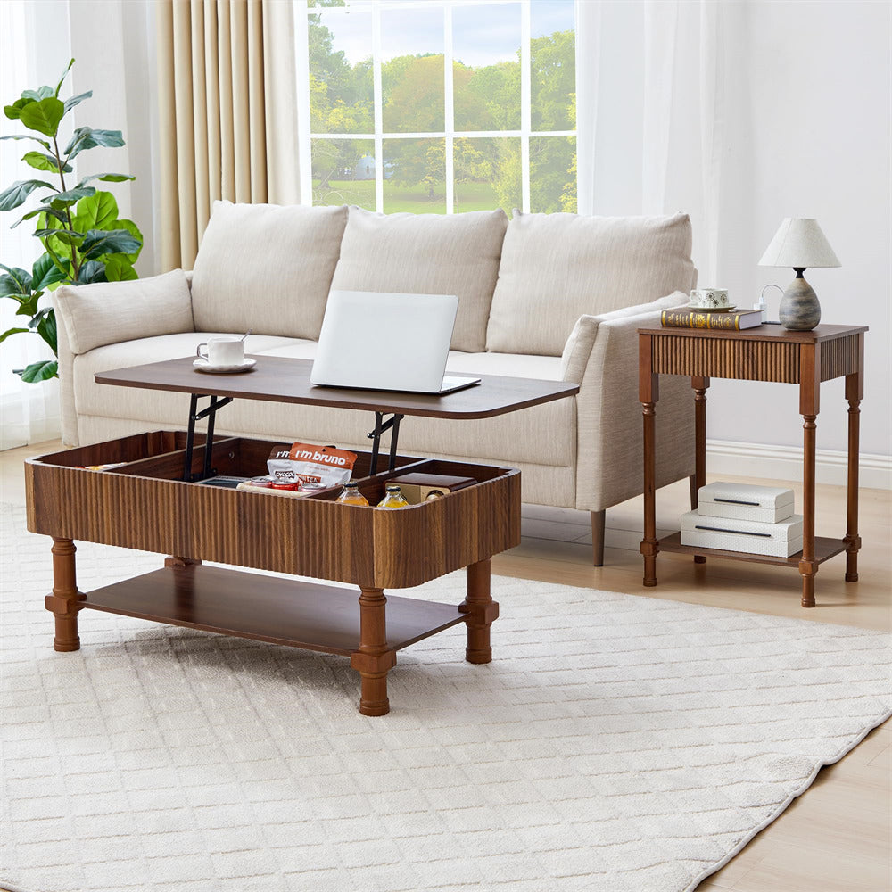 Walnut 23.6” Modern Farmhouse Wooden End Table with Charging Station and Fluted Drawer