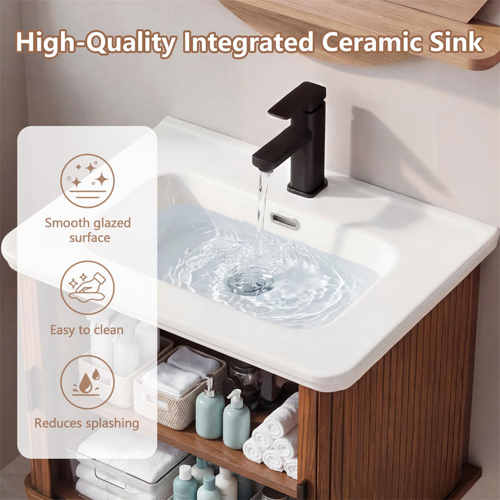 Bathroom vanity with white ceramic sink and black faucet, featuring text on sink benefits.