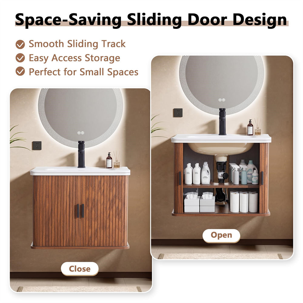 Bathroom vanity with space-saving sliding door design, showing open and closed states.