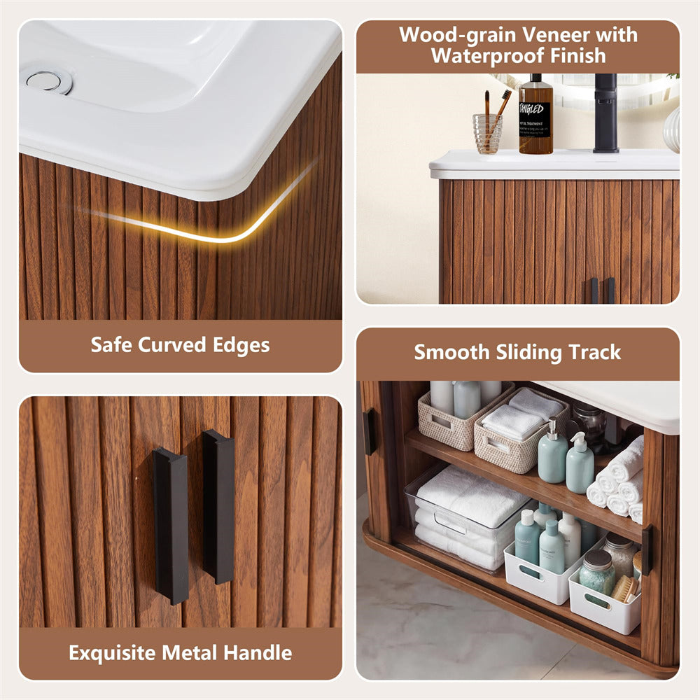 Bathroom vanity with wood-grain veneer, safe curved edges, smooth sliding track, and exquisite metal handle.