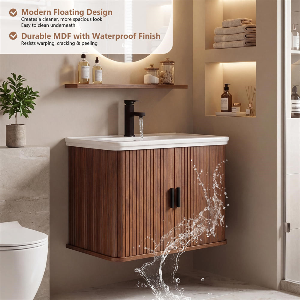 Bathroom setup with wooden vanity, sink, and shelves with products.