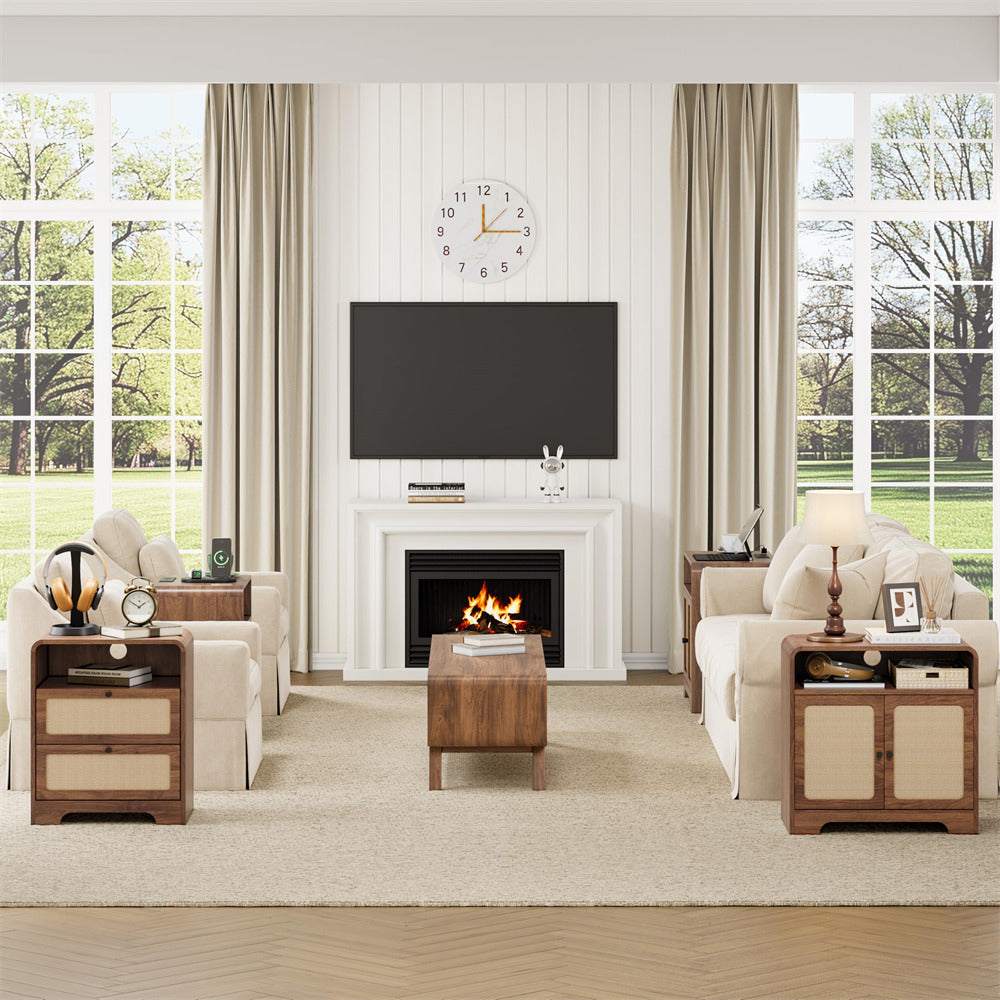 Living room with white walls, large windows, and a fireplace.