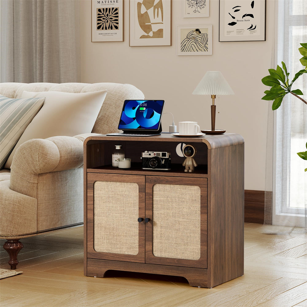 Wooden side table with decorative items in a living room setting