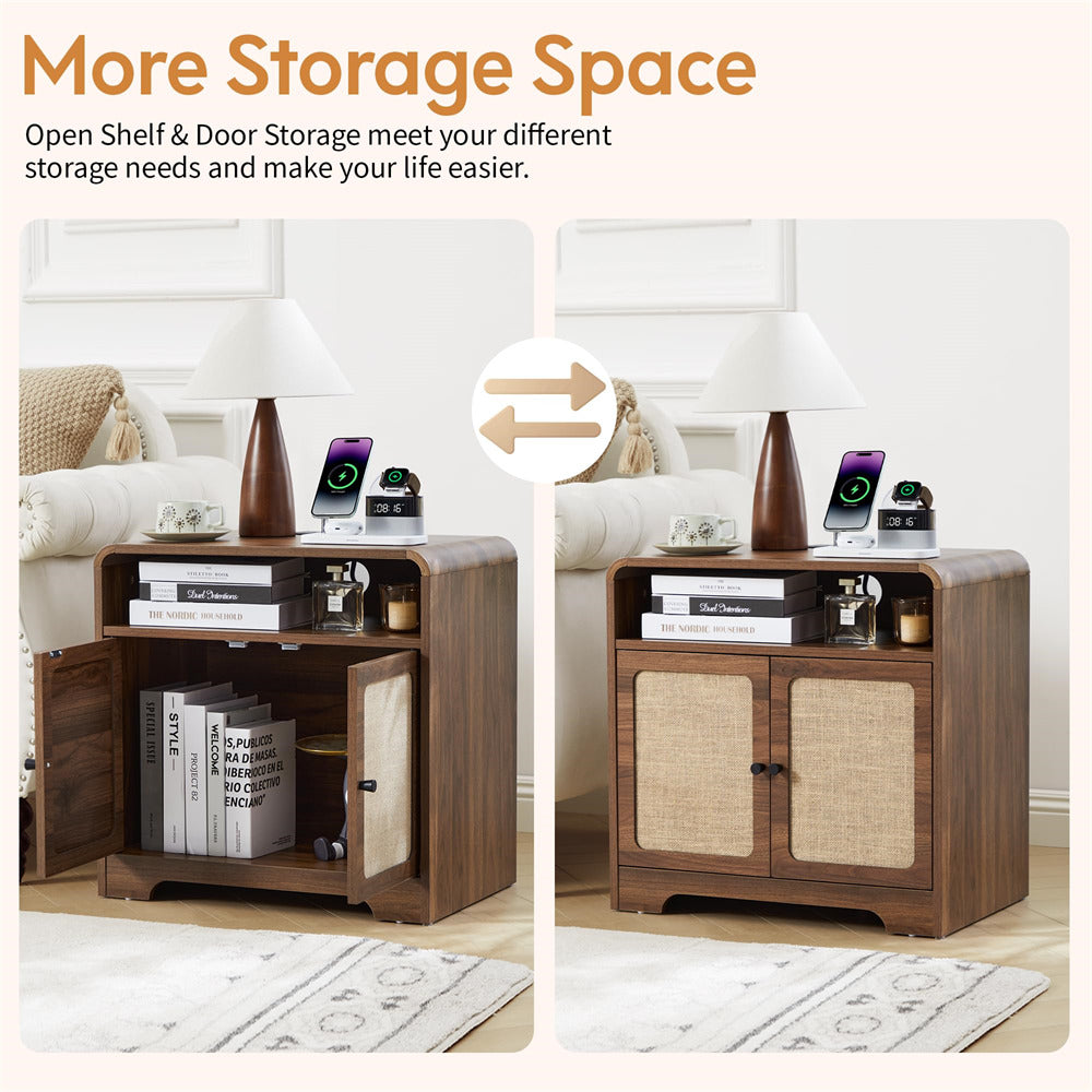 Wooden storage cabinet with open and closed doors in a living room setting.
