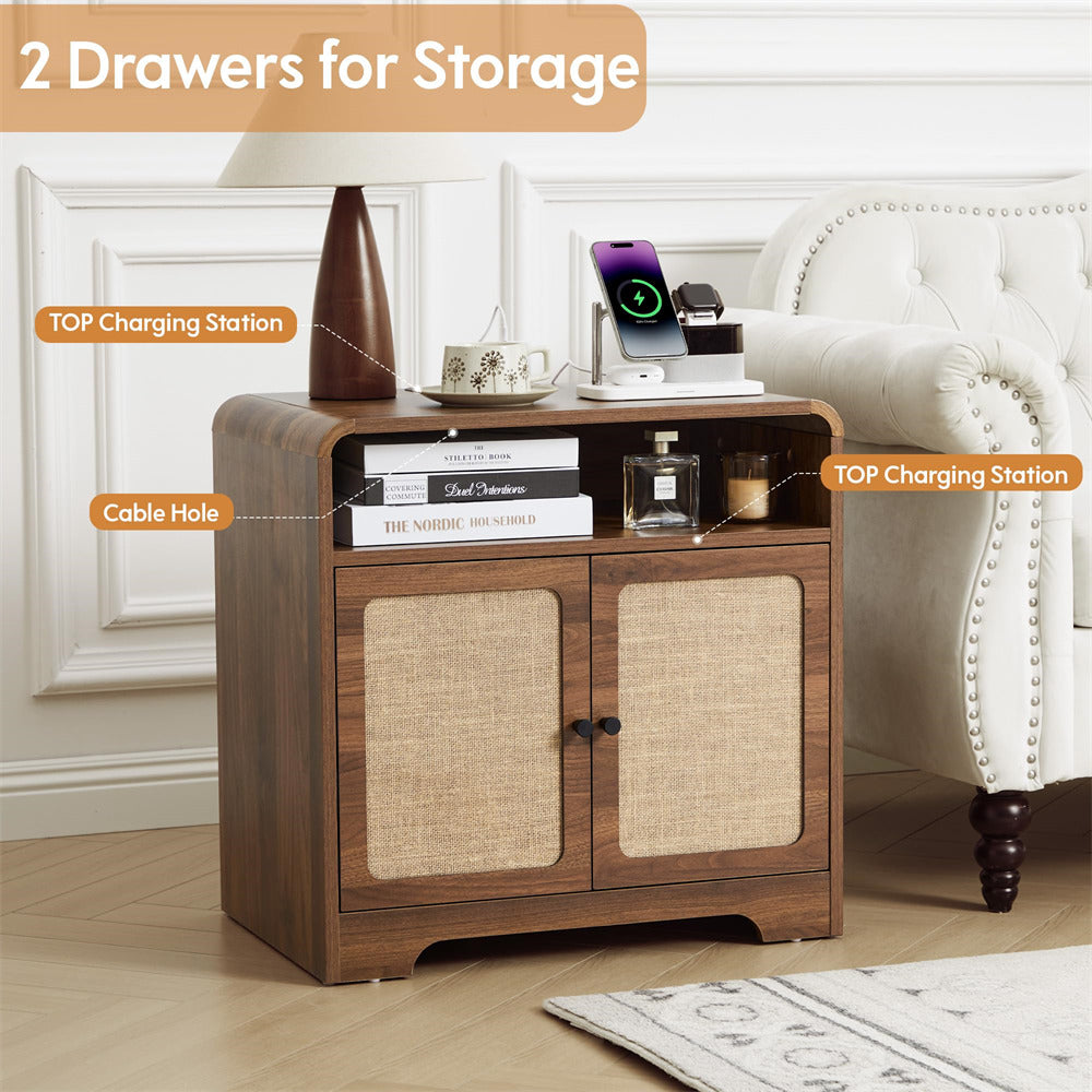 Wooden side table with storage drawers and charging stations in a living room setting.