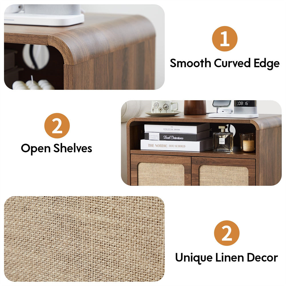 Wooden side table with open shelves, smooth curved edge, and unique linen decor.