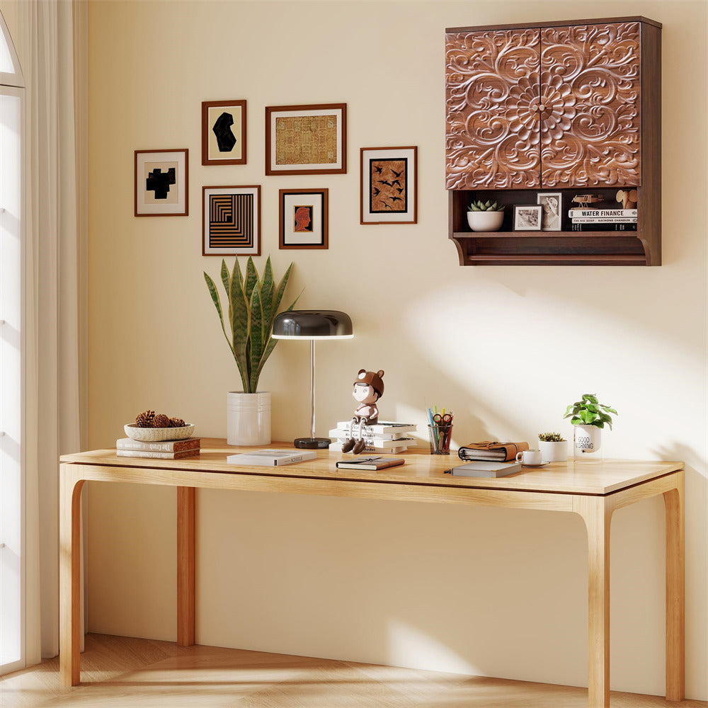 Walnut 24" Wall Mounted Bathroom Medicine Cabinet with Carved Floral Doors and Towel Bar