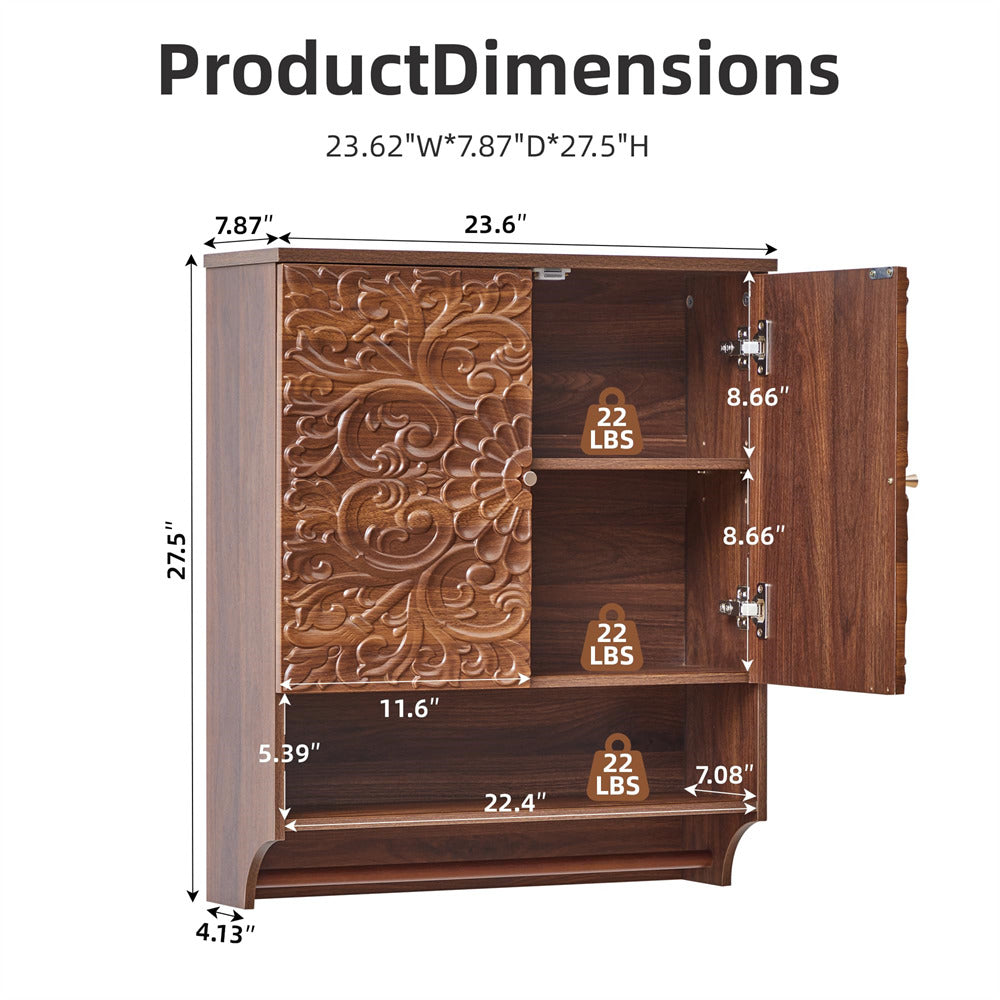 Wooden cabinet with intricate carvings and dimensions labeled on a white background