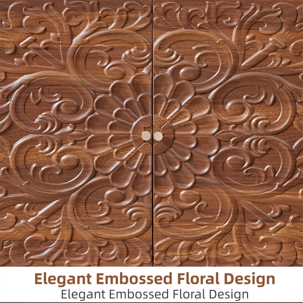 Wooden panel with intricate floral embossing and text 'Elegant Embossed Floral Design'.