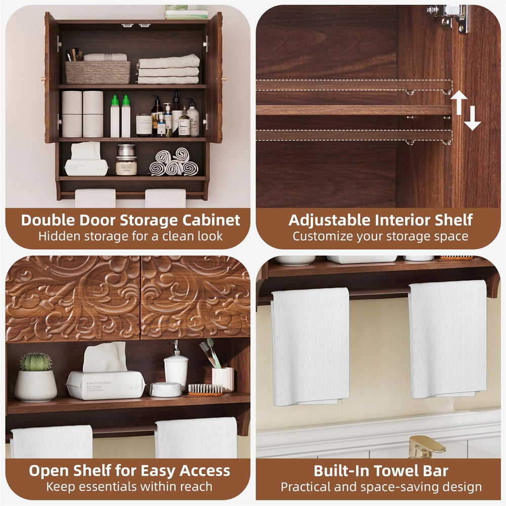 Collage of a wooden storage cabinet with features highlighted.