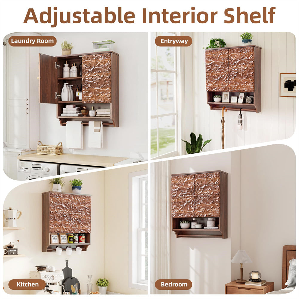 Collage of a decorative wall shelf in various rooms with text indicating its use.