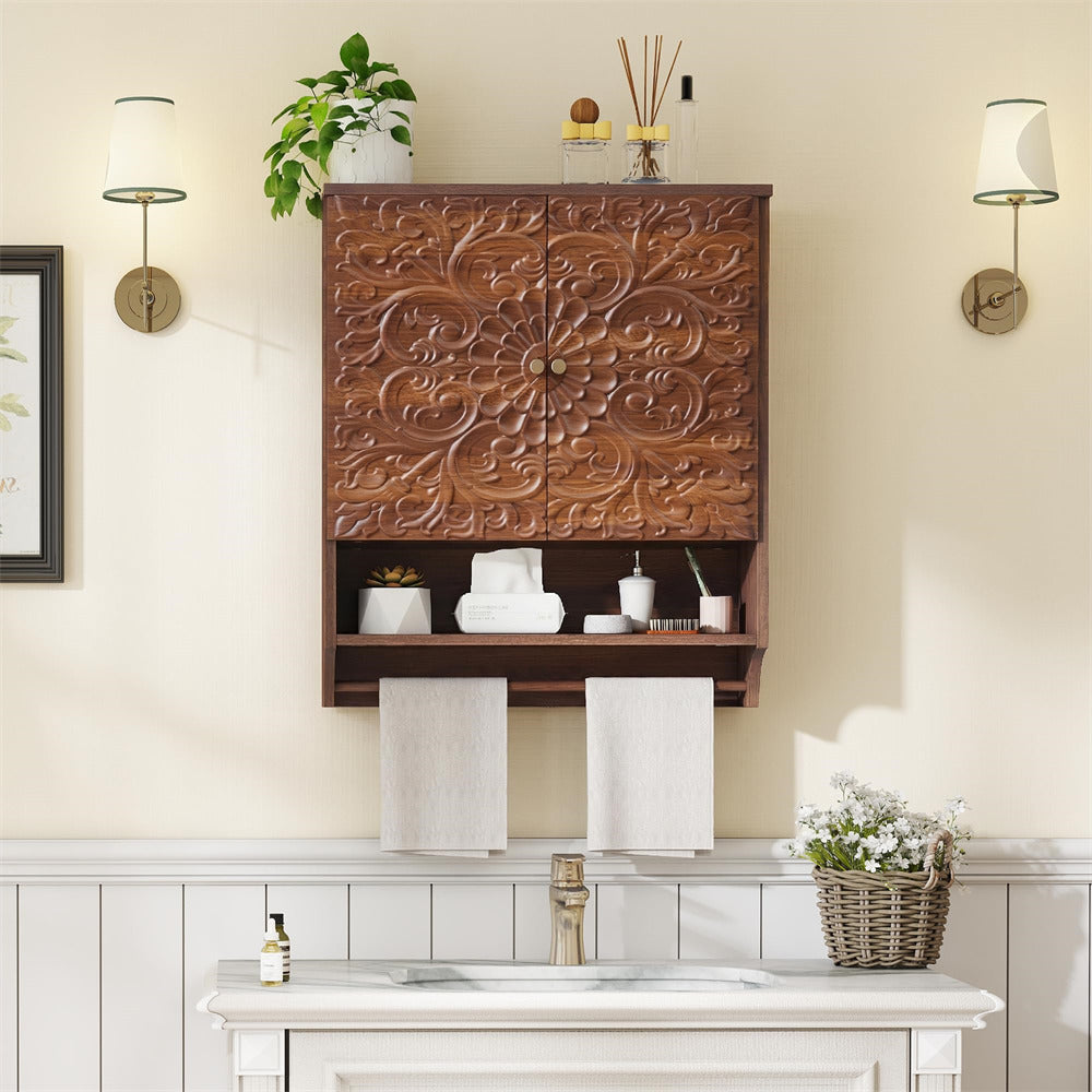 Walnut 24" Wall Mounted Bathroom Medicine Cabinet with Carved Floral Doors and Towel Bar
