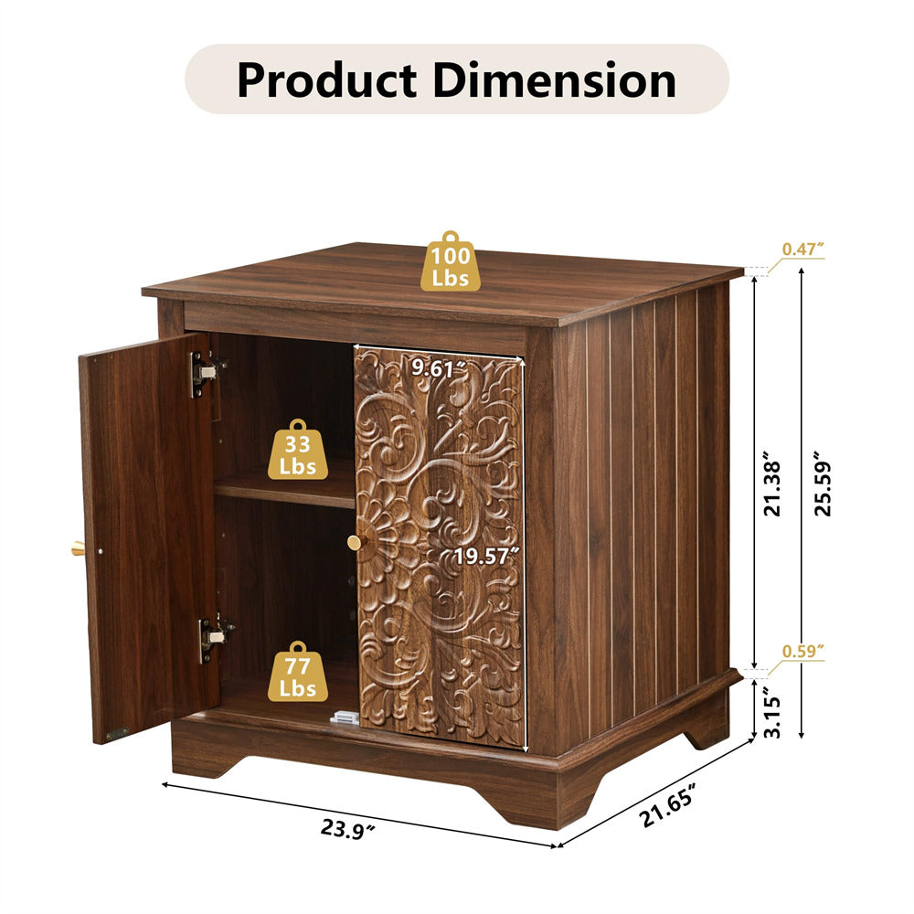 Walnut 24" Wide Wooden Square Farmhouse End Table with Carved Floral Door