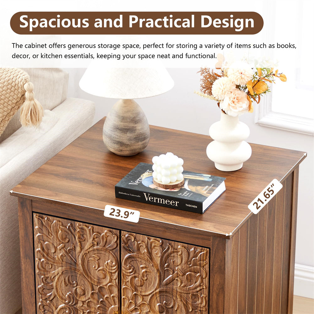 Walnut 24" Wide Wooden Square Farmhouse End Table with Carved Floral Door