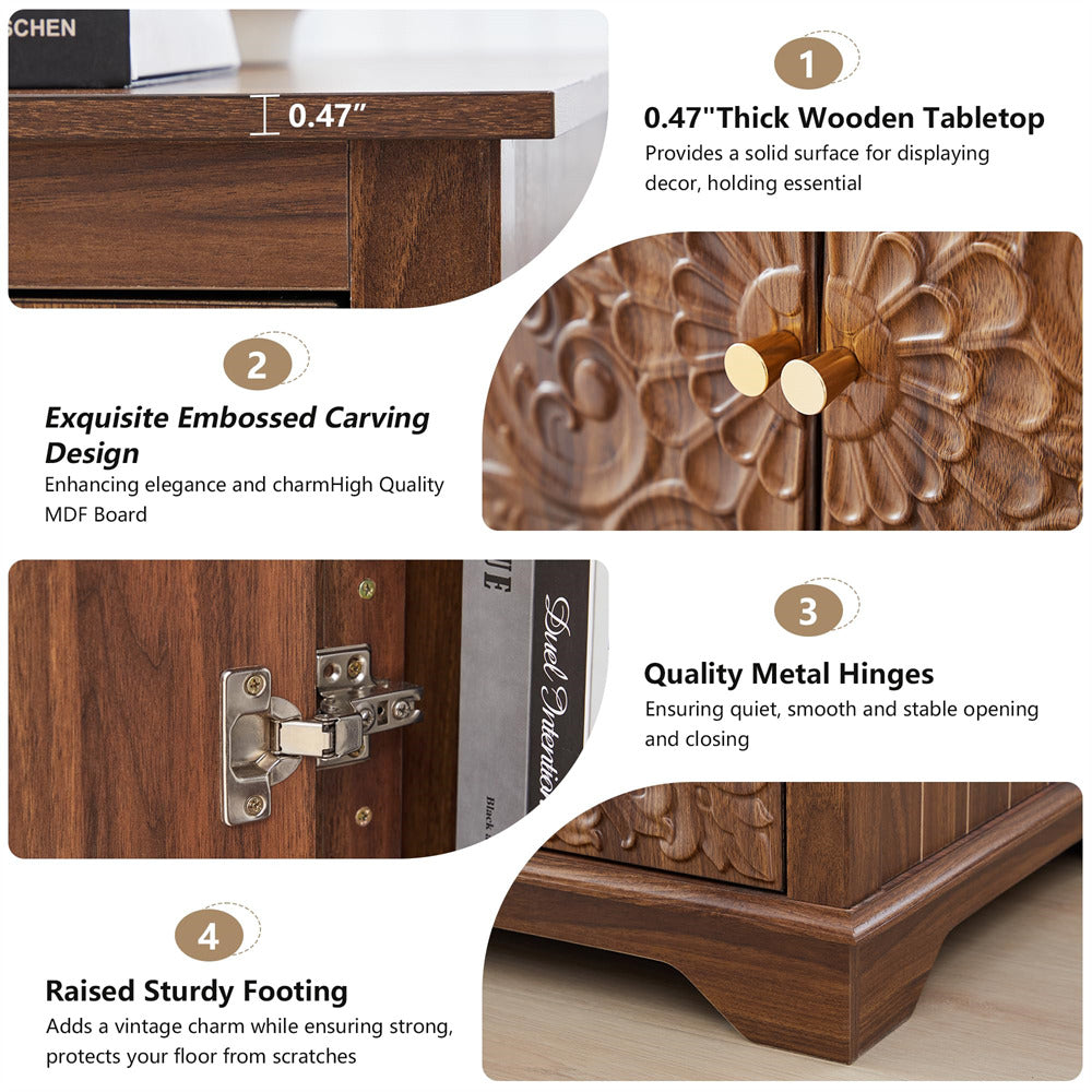 Walnut 24" Wide Wooden Square Farmhouse End Table with Carved Floral Door