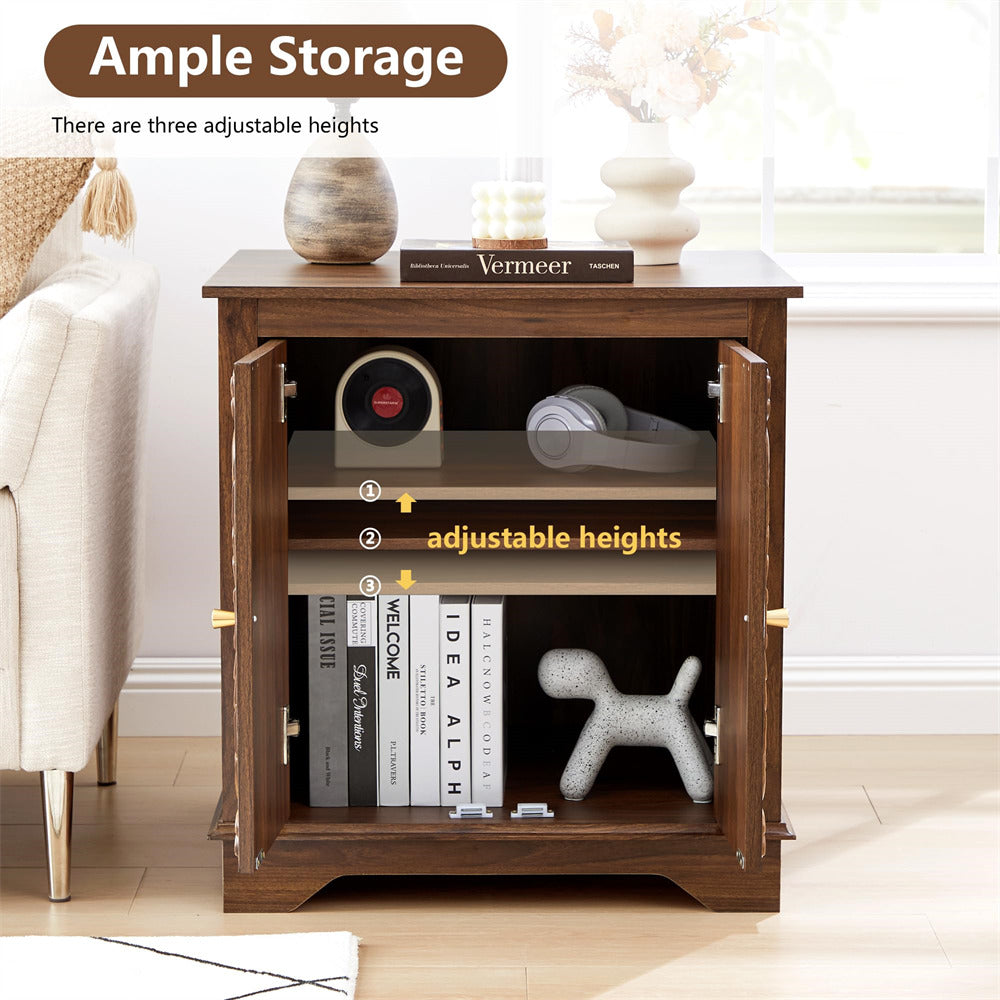 Walnut 24" Wide Wooden Square Farmhouse End Table with Carved Floral Door