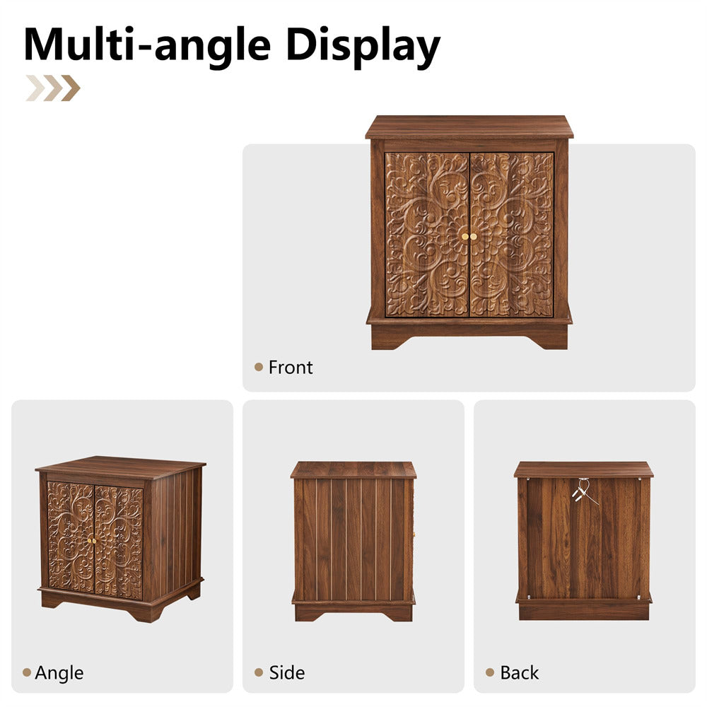 Walnut 24" Wide Wooden Square Farmhouse End Table with Carved Floral Door