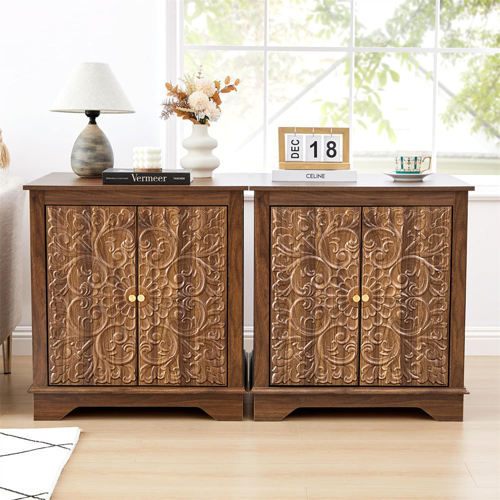 Walnut 24" Wide Wooden Square Farmhouse End Table with Carved Floral Door