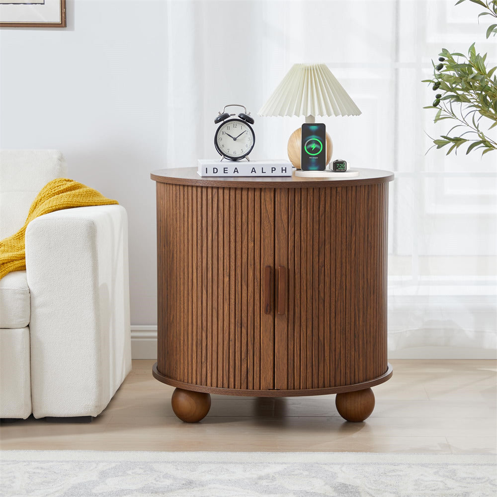 Wooden side table with decorative items in a living room setting