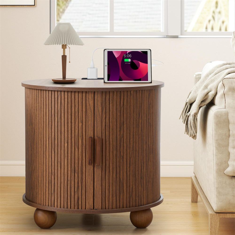 Walnut 24" Wood Round Fluted Sofa Side Table with Charging Station and Sliding Tambour Door