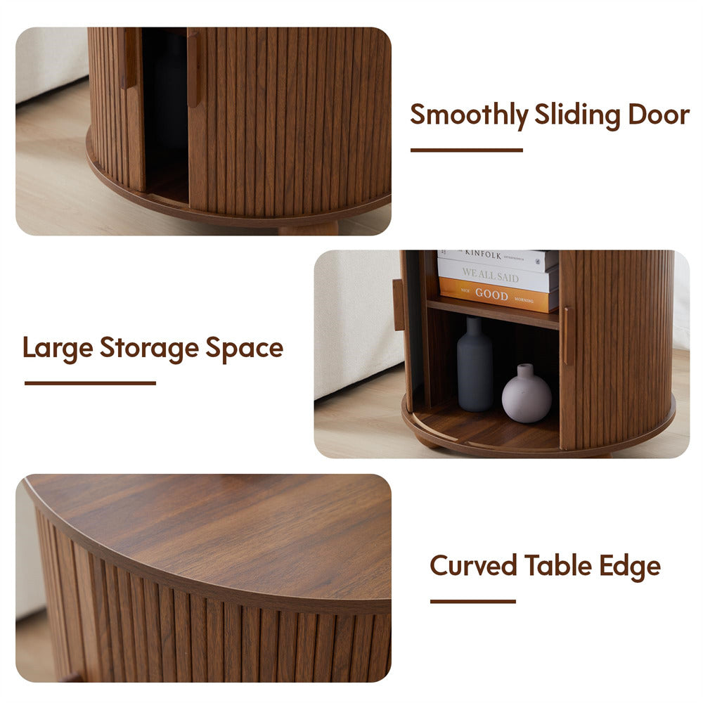 Wooden side table with features highlighted: smoothly sliding door, large storage space, and curved table edge.