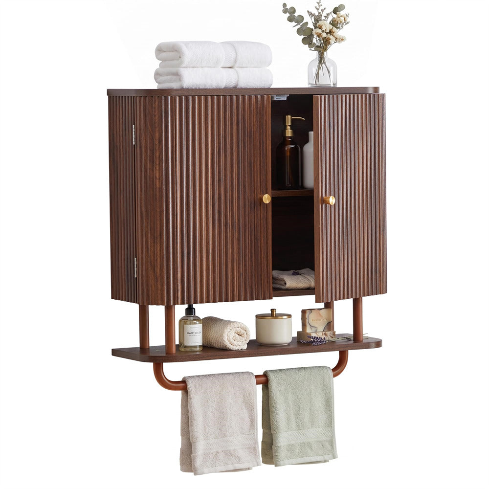 Walnut 24''W Fluted Wall Mounted Bathroom Cabinet with Towel Bar and Adjustable Shelf