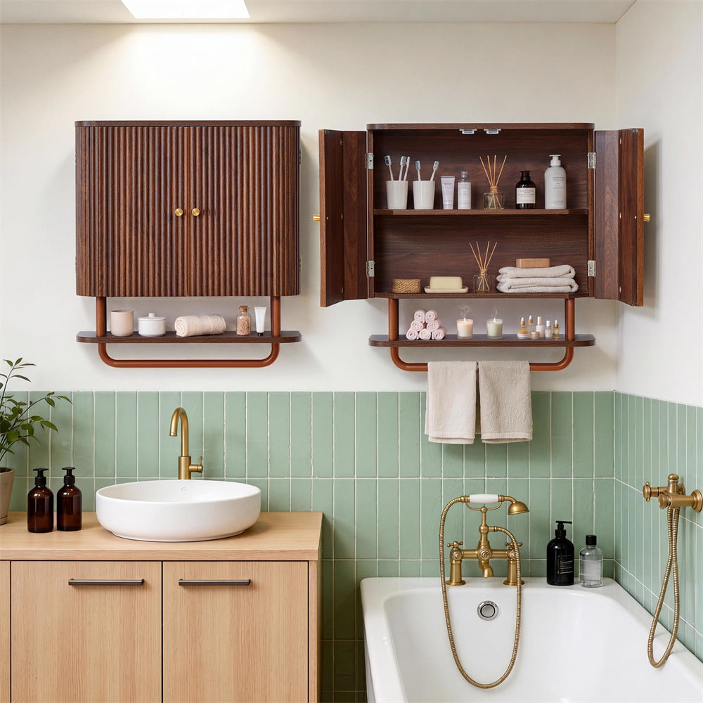 Walnut 24''W Fluted Wall Mounted Bathroom Cabinet with Towel Bar and Adjustable Shelf
