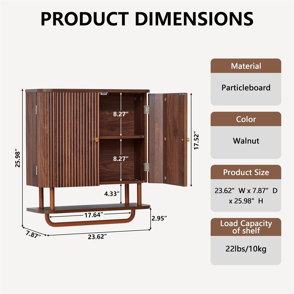 Product dimensions diagram for a walnut wood cabinet with slatted doors, open side door, two shelves, and a curved bottom shelf support, shown with labeled measurements and material/color specs on a light gray background.