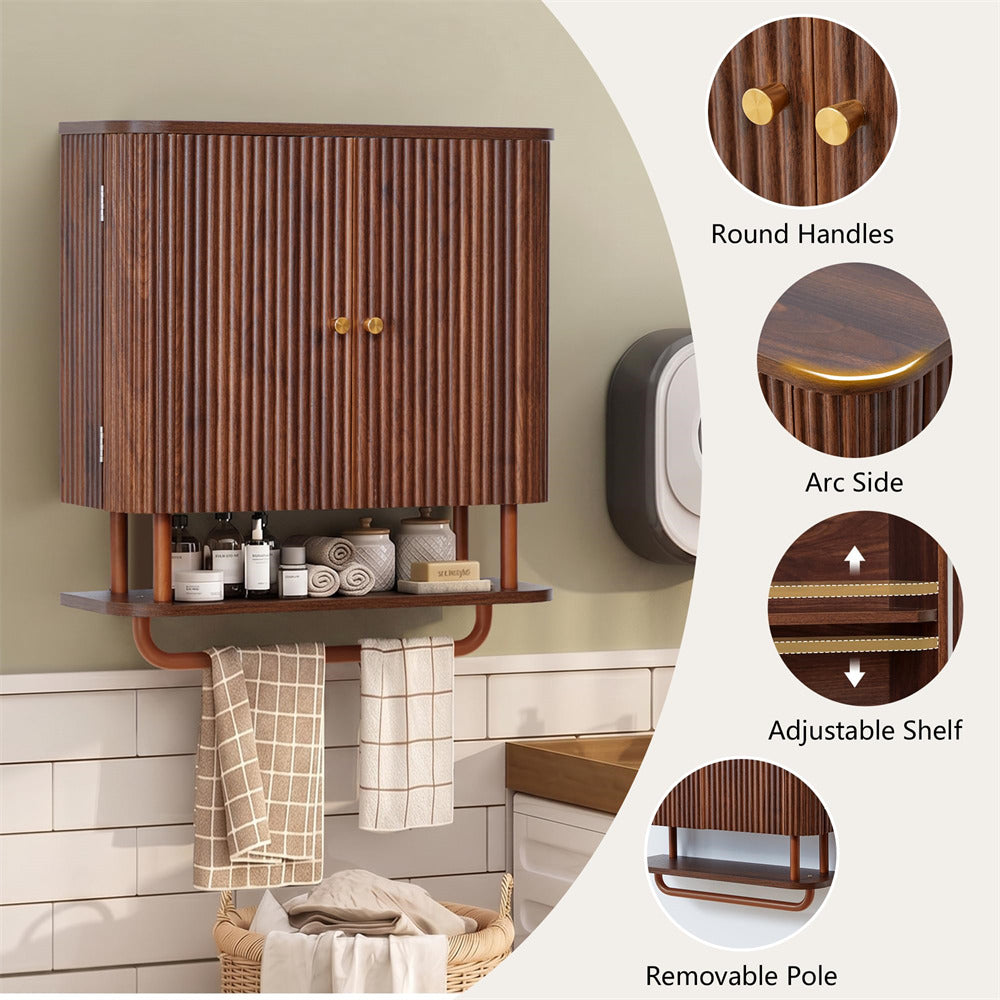 A wall-mounted bathroom cabinet with a slatted wood front, two round wooden handles, an adjustable shelf, and a removable hanging pole, shown installed in a bathroom. The right side includes circular detail callouts labeled for round handles, arc side, adjustable shelf, and removable pole.