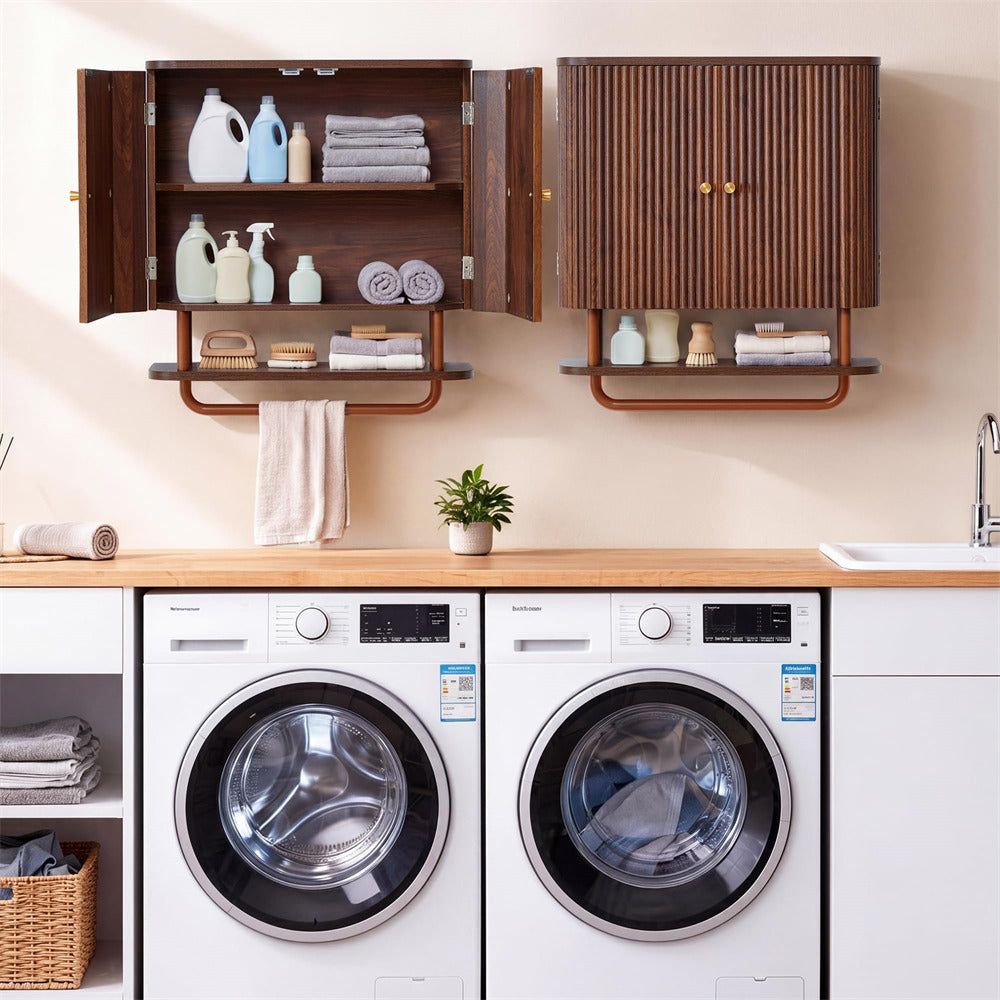 Walnut 24''W Fluted Wall Mounted Bathroom Cabinet with Towel Bar and Adjustable Shelf