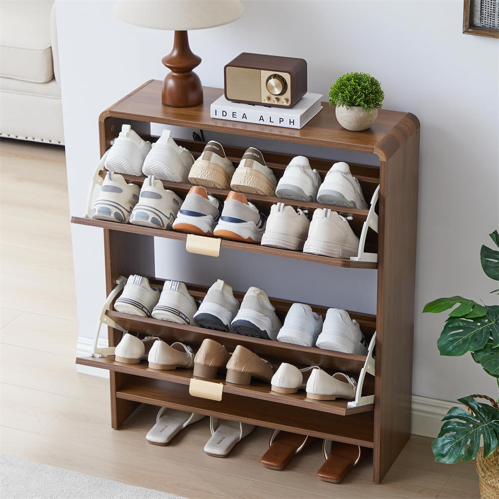 Wooden shoe rack with various shoes on shelves in a room setting.