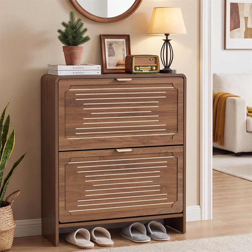 Walnut 27.55'' Freestanding Wood Hidden Shoe Cabinet with 2 Flip Drawers and Adjustable Shelf