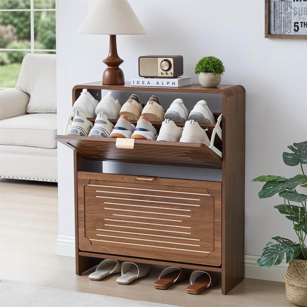 Walnut 27.55'' Freestanding Wood Hidden Shoe Cabinet with 2 Flip Drawers and Adjustable Shelf