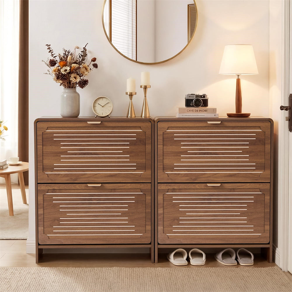 Walnut 27.55'' Freestanding Wood Hidden Shoe Cabinet with 2 Flip Drawers and Adjustable Shelf