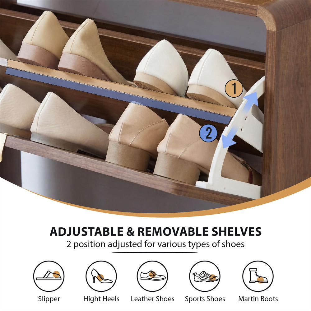 Wooden shoe rack with adjustable shelves holding shoes, labeled for different shoe types.