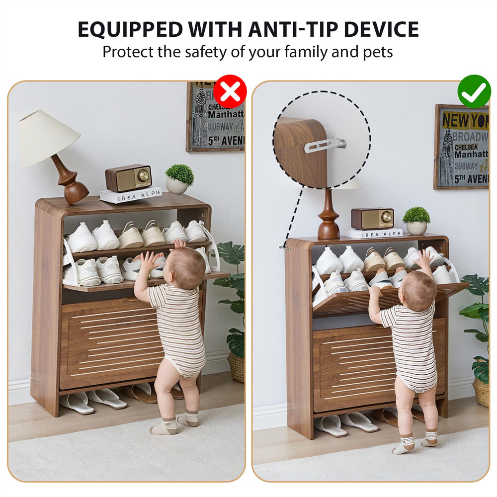 Wooden shoe cabinet with anti-tip device feature, protecting children from tipping over.