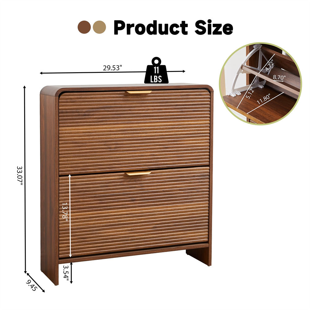 Walnut 29.5'' Narrow Curved Fluted Freestanding Wood Shoe Cabinet with 2 Flip Drawers