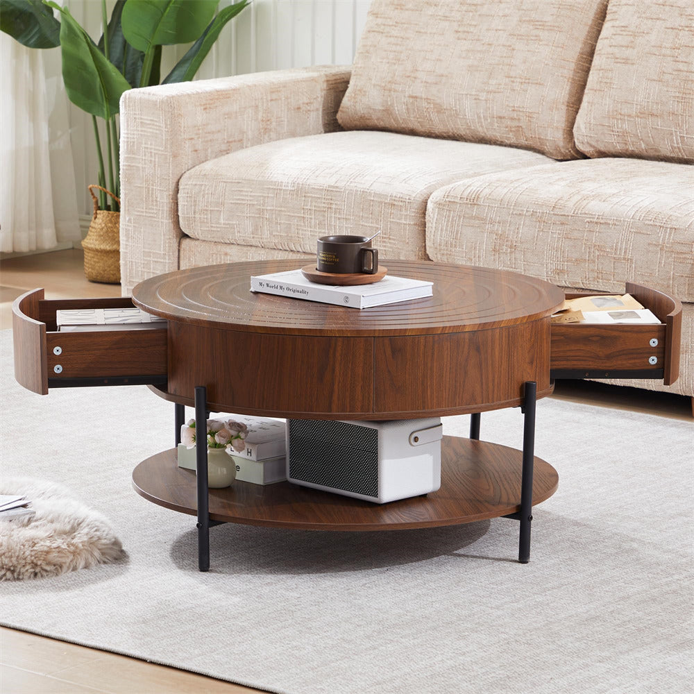 Wooden coffee table with storage drawers in a living room setting