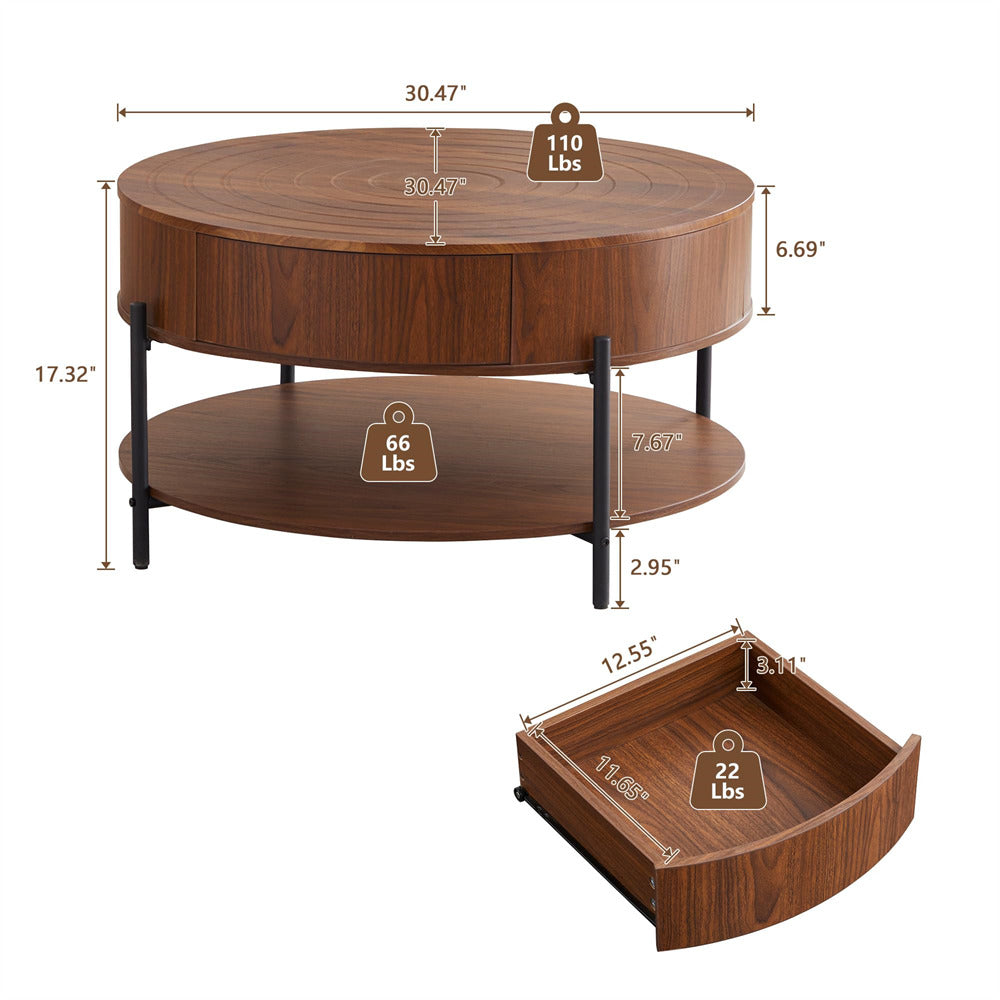 Wooden coffee table with measurements and weight indicators on a white background