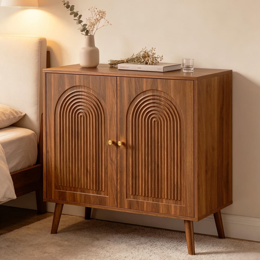 Walnut 31.5" Arched Fluted Storage Cabinet with adjustable shelf and soft-close hinges