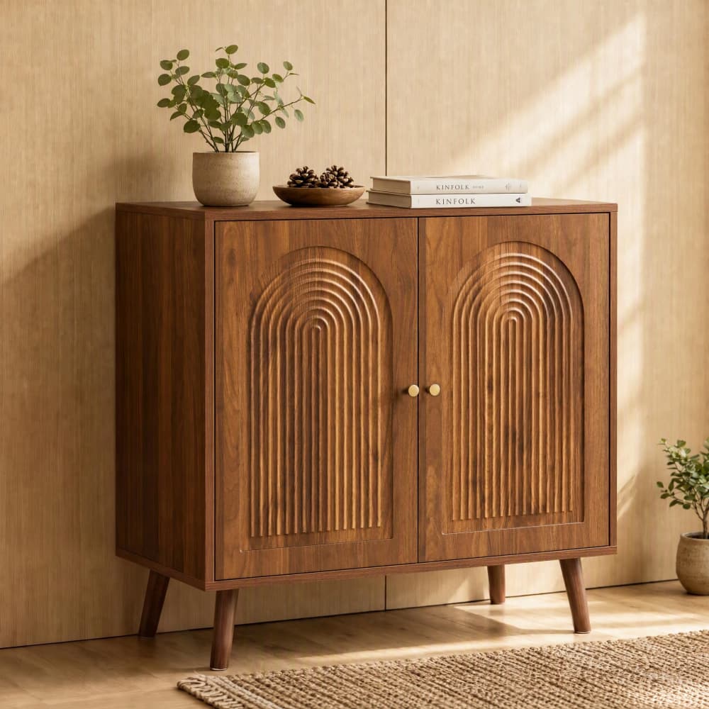 Walnut 31.5" Arched Fluted Storage Cabinet with adjustable shelf and soft-close hinges