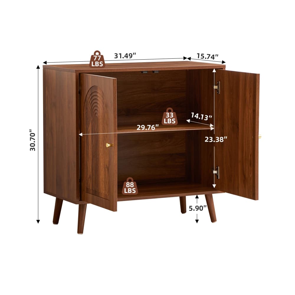 A brown wooden side cabinet with open doors and overlaid dimension lines and weight labels showing measurements such as 30.70 inches tall, 31.